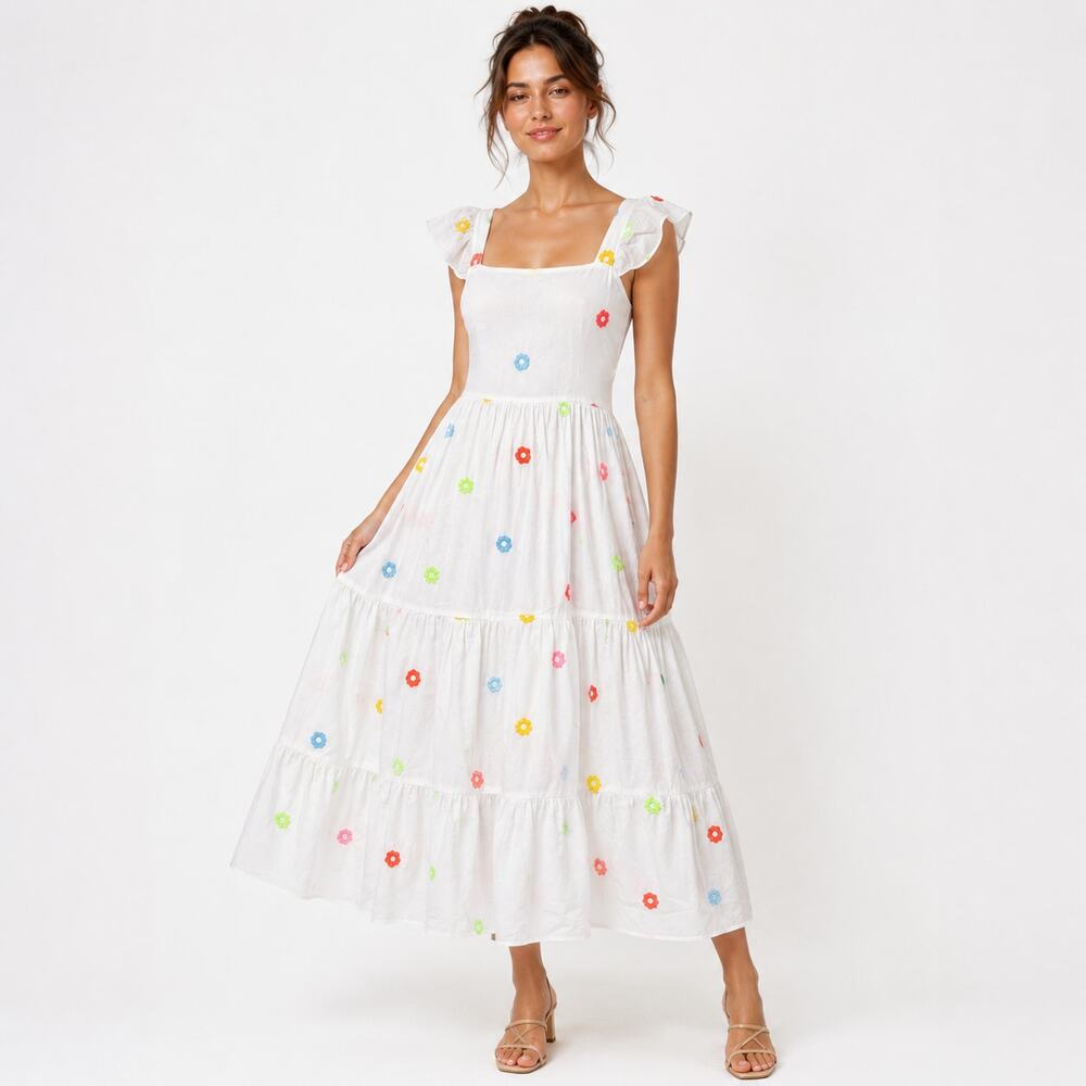 Style Reform Floral Embroidered  Sundress Womens S White Ruffle Cotton Tiered